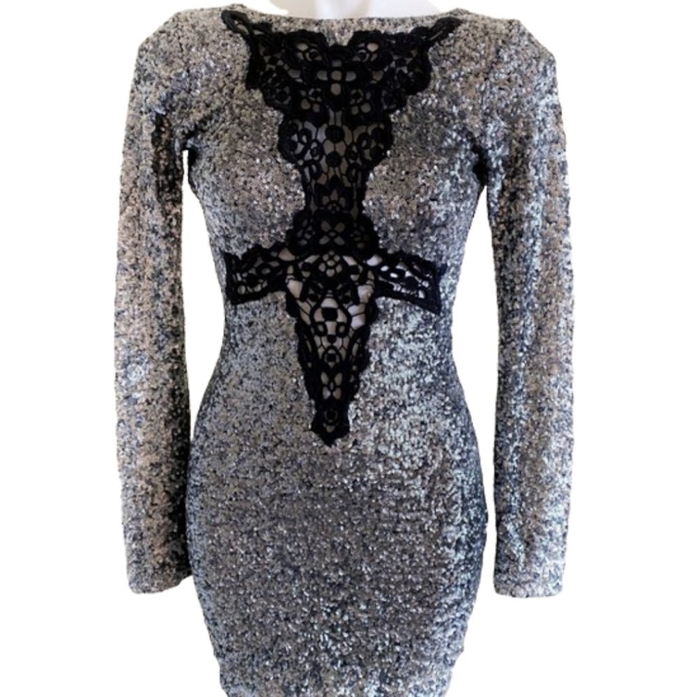 Silver Sequin/Black Lace Detail Bodycon Dress